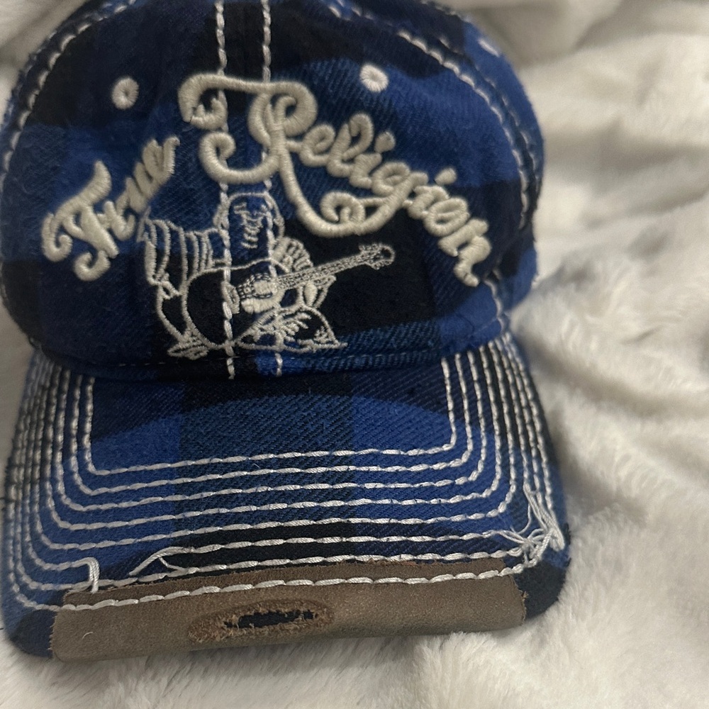 Vintage TRUE RELIGION Hat Distressed Blue Plaid Buddha Baseball Trucker Hat